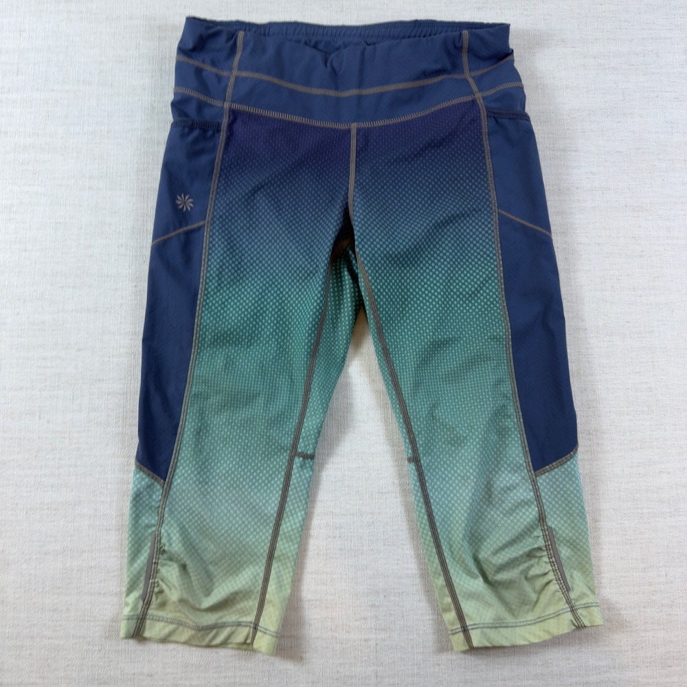Athleta Be Free Knicker Blue Green Ombre Dot Running Leggings Pockets Small